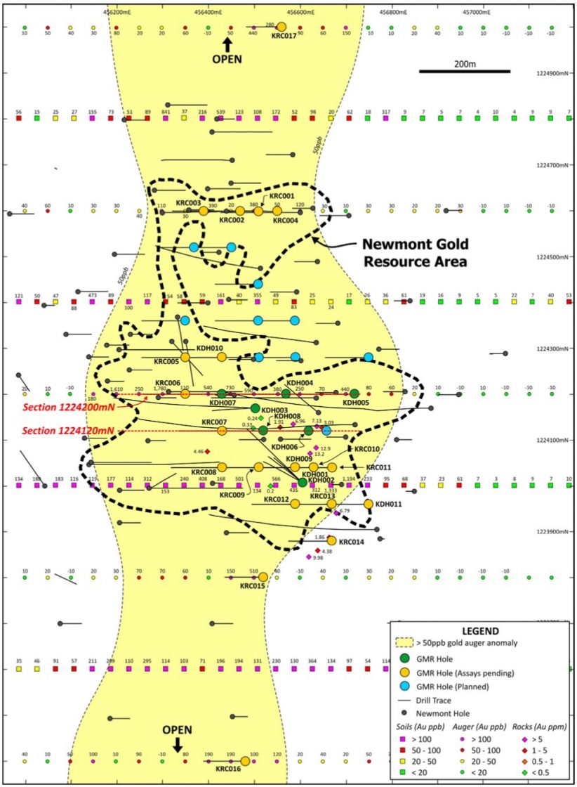 Map displaying locations of completed and planned drill holes, soil samples and rock chip samples at Kada