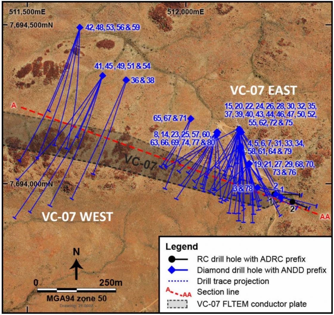 Plan view of the VC-07 prospect displaying diamond drill hole locations