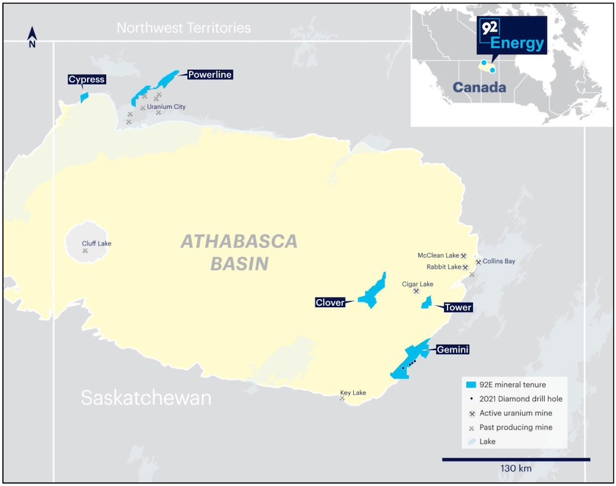 Location of 92 Energy uranium projects within the Athabasca Basin