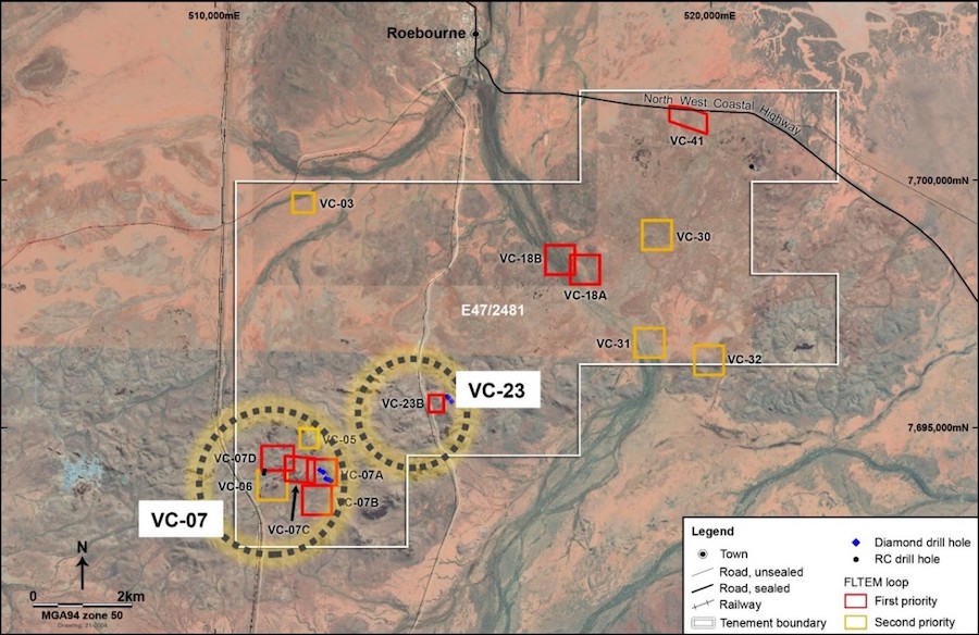 Map of the Andover Nickel-Copper Project displaying the VC-07 and VC-23 prospects plus EM targets