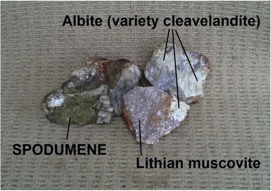 Green spodumene specimen recovered from a creek bed west of the Deep Purple pegmatite