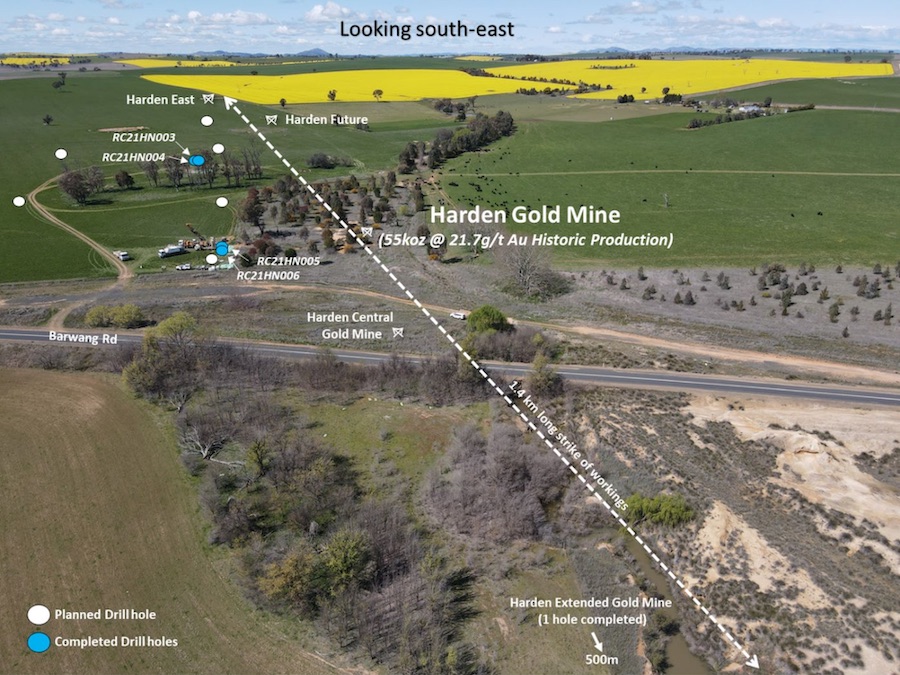View looking south-east at the Harden Gold Mine displaying completed and planned RC drill holes