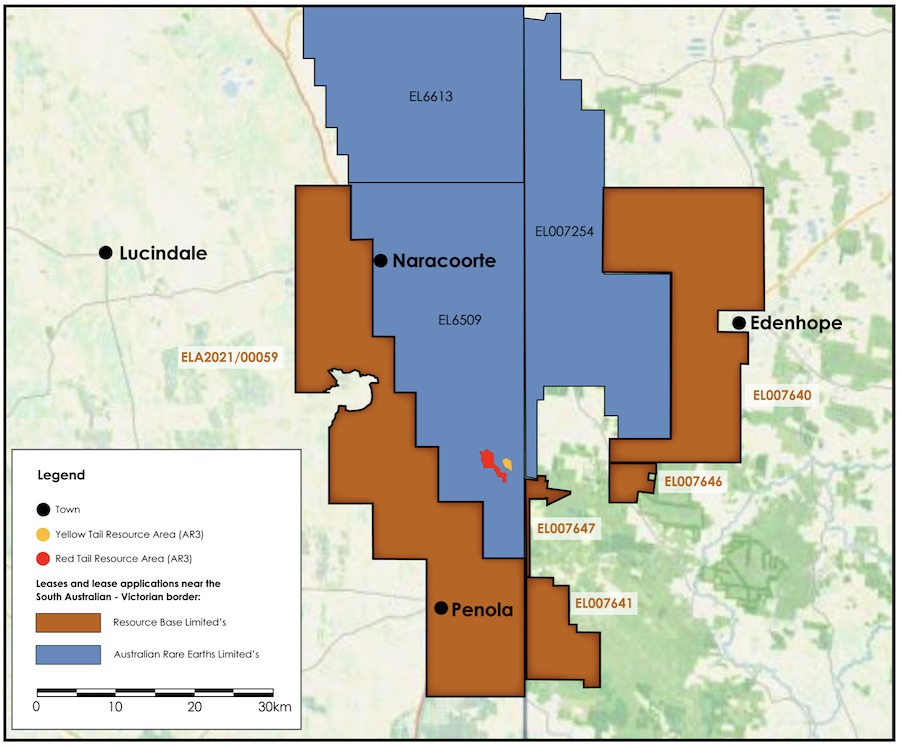 Mitre Hill project (orange) surrounding the yellow tail and red tail rare earths deposits