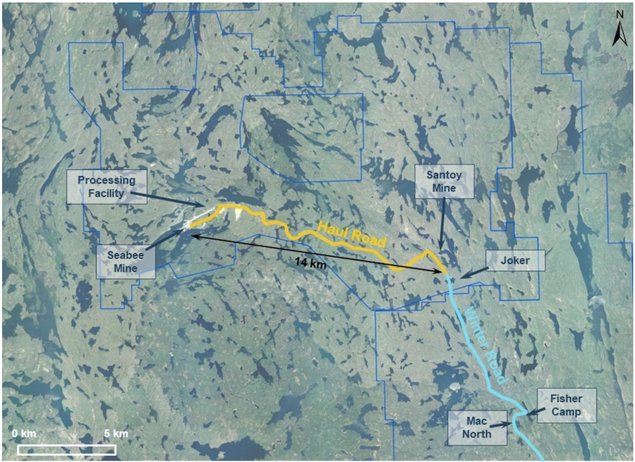 Map of the Seabee claims displaying proximity of prospects to on-site processing facility
