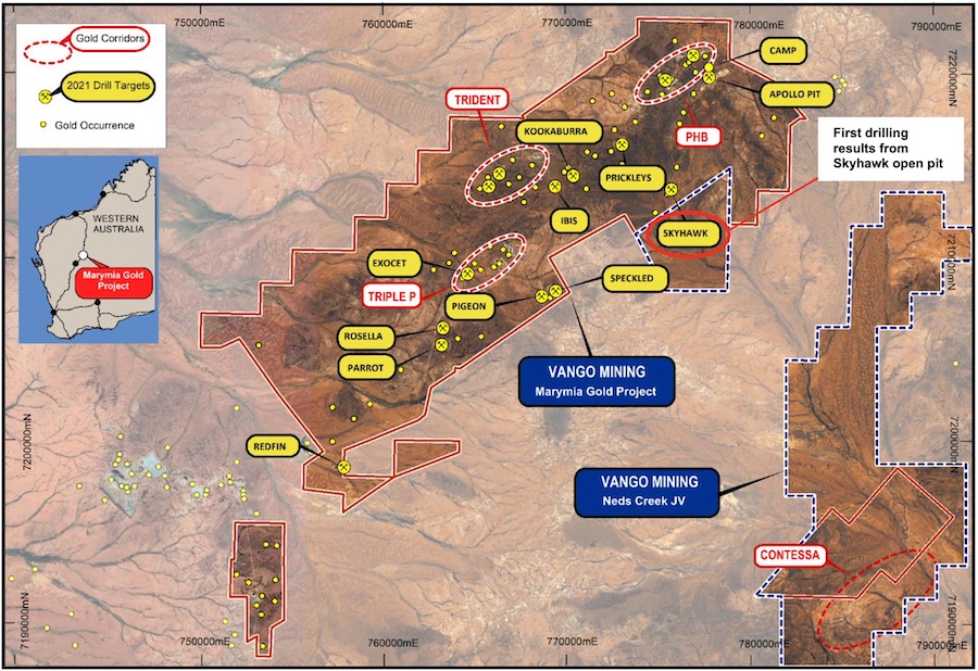 Map of the Marymia Gold Project in Western Australia, displaying all 11 priority open pit targets