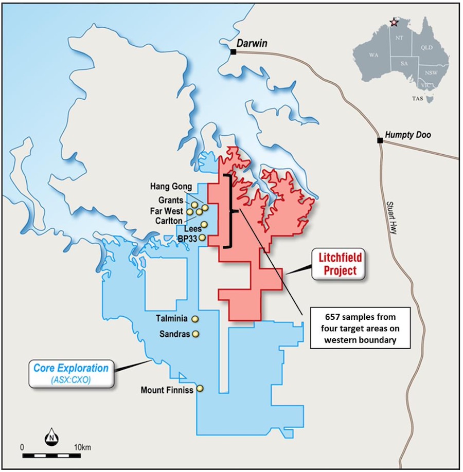 The Litchfield Lithium Project sits adjacent to Core Lithium’s 7.4Mt @ 1.3% Li2O Finnis Lithium Project in the Northern Territory