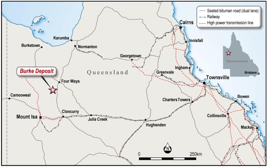 Map displaying location of LEL's Burke Graphite Deposit, approximately 10 hours by road from Townsville