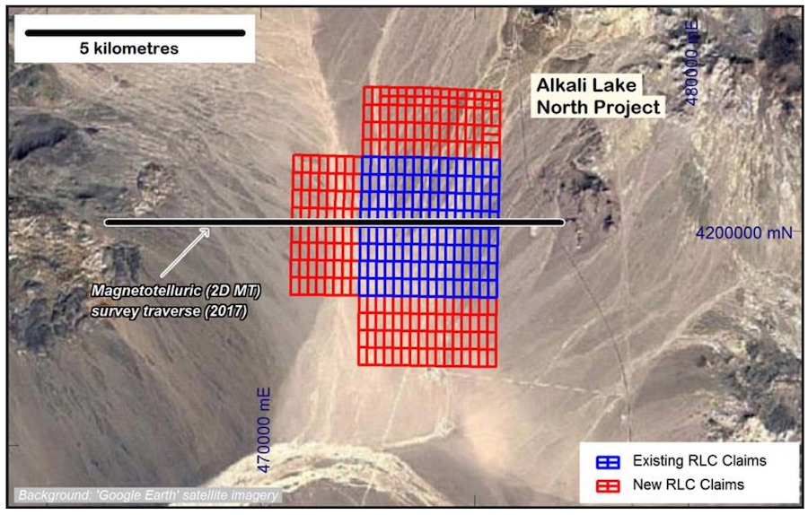 Map of Alkali Lake lithium brine project showing project growth with new placer mining claims in red