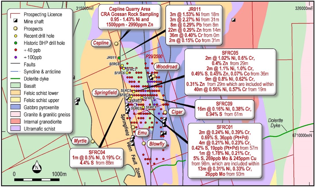 Map displaying geology + drill results from Springfield and surrounding areas