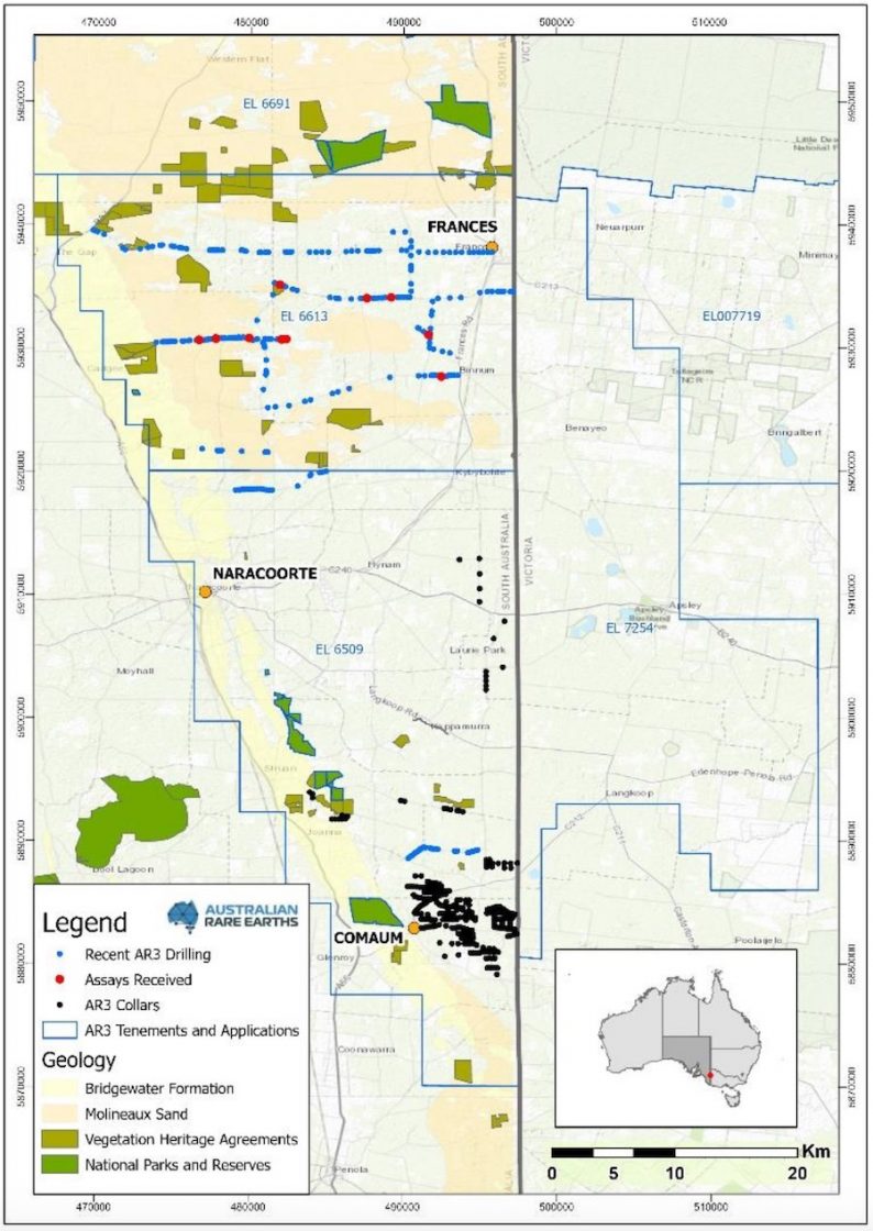 Map displaying recent drilling at Francis, with the Red Tail and Yellow Tail Mineral Resource located to the south at Comaum.