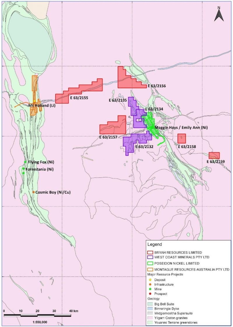 Geology map displaying Bryah tenements in red and purple, along with the nearby Mt Holland Lithium Project + Poseidon's Lake Johnston