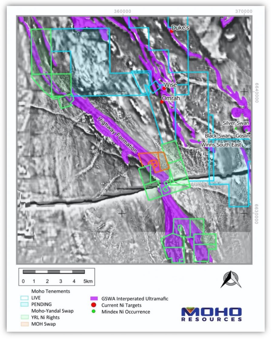 Map of the Yandal tenements set to be acquired by Moho, displaying the nickel-prospective Highway Formation
