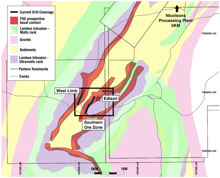 Map displaying the Lamboo deposit over PGE-prospective basal contact