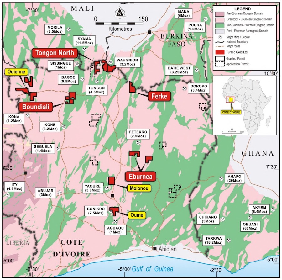 Turaco Gold projects in Côte d’Ivoire. Image: Turaco Gold Ltd