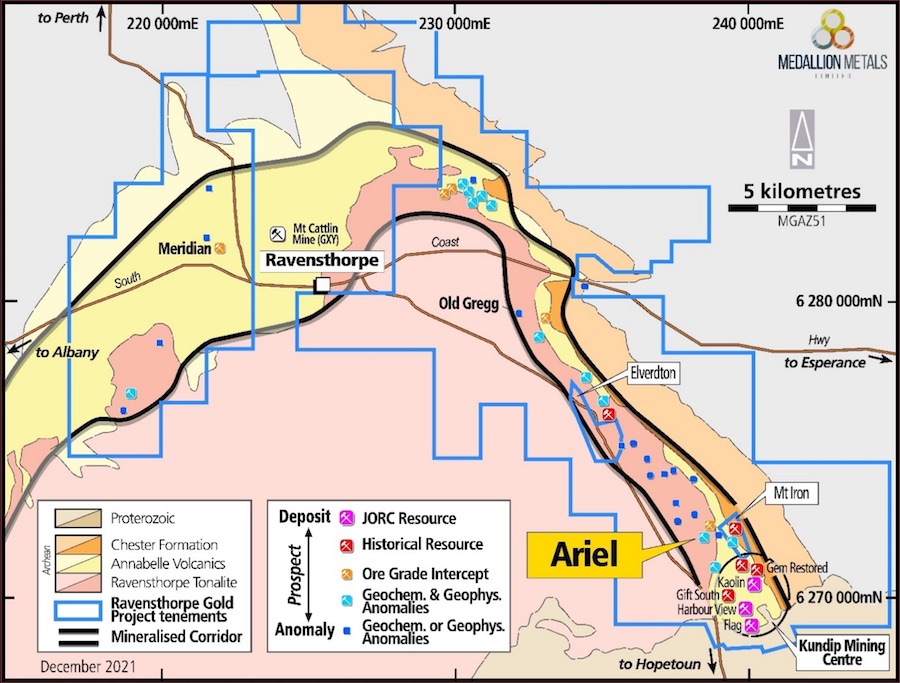Map of the Ravensthorpe Gold Project displaying the Ariel Prospect in the south-east