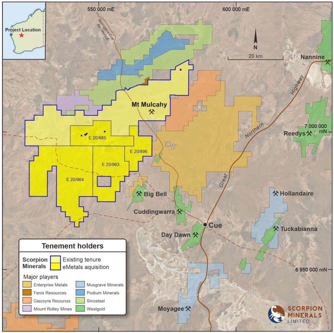 Scorpion's existing and newly-acquired tenements (yellow) along with significant surrounding projects
