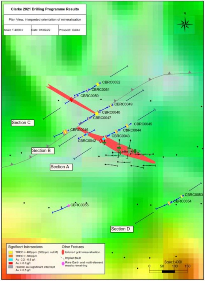 Results from the 2021 RC drilling program at Clarke, plotted over total magnetic Intensity