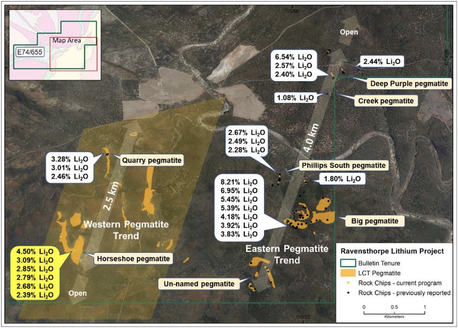 Satellite image displaying rock chip assays from the Horseshoe pegmatite above 1.0% Li2O (yellow) and previously-reported results (white)