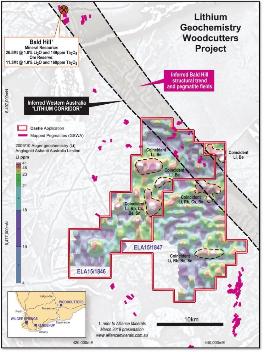 Map of the Woodcutters Lithium Project displaying geochemistry with highlighted lithium anomalism