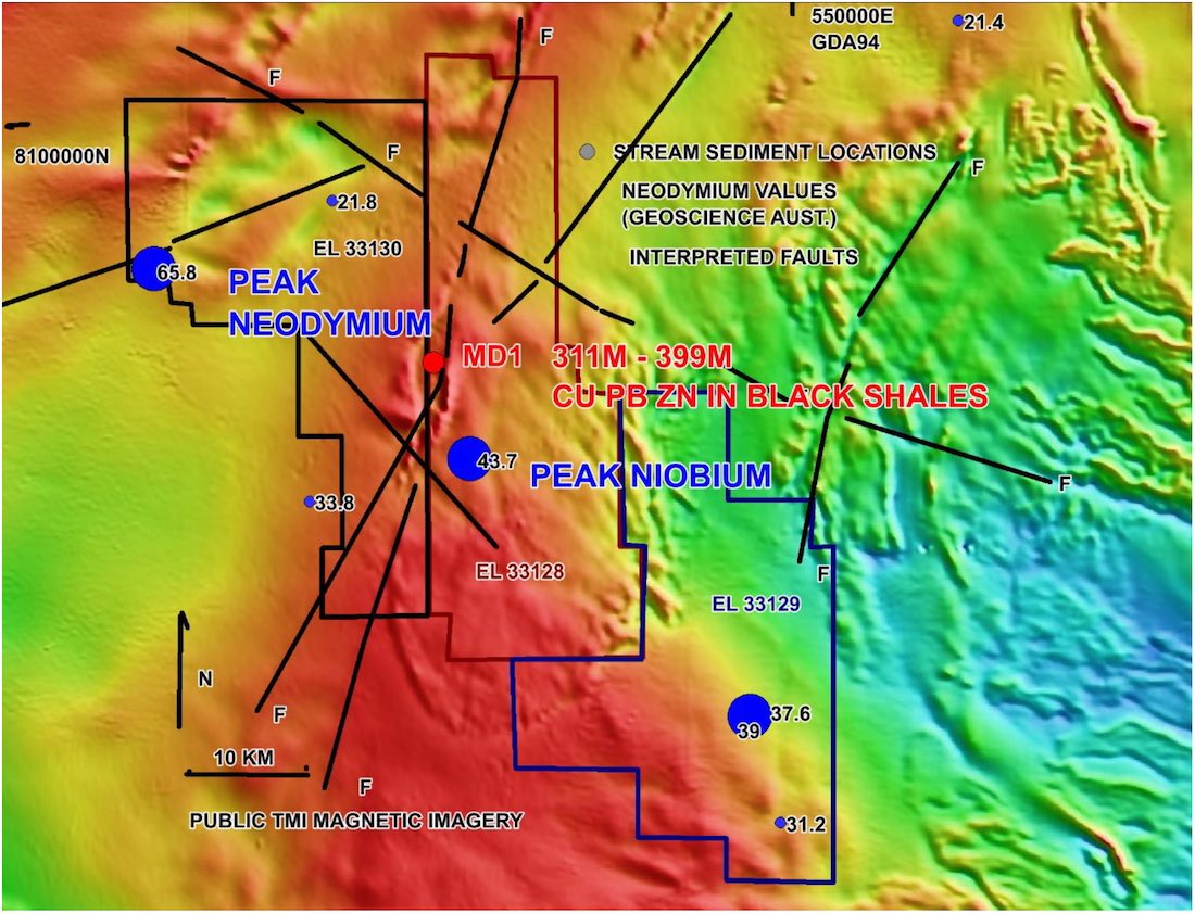 Map of exploration license applications with fine fraction Neodymium (ppm) results overlaid on magnetics
