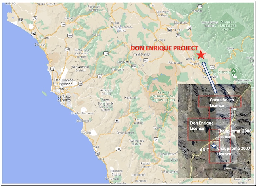 Map displaying the Don Enrique Copper-Gold-Silver Project in Peru