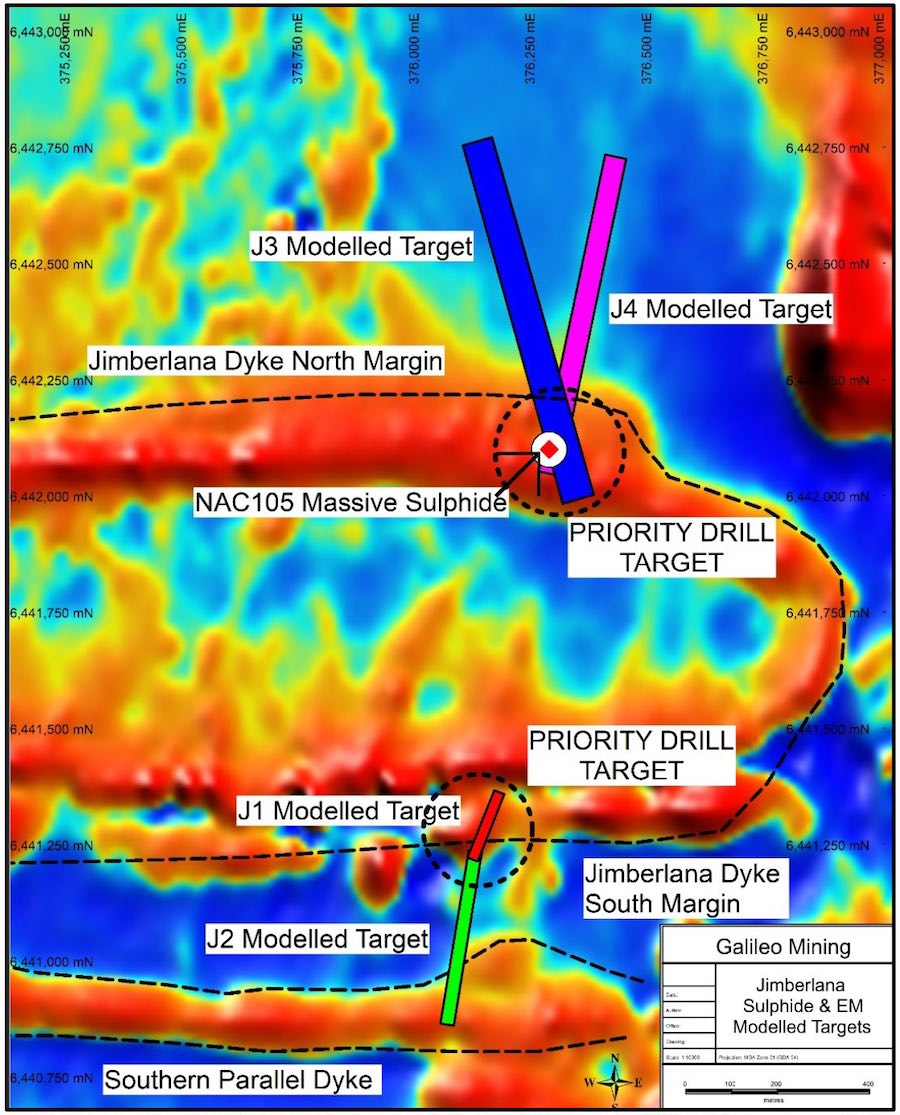 EM conductors with the NAC105 sulphide intercept along with priority drill targets
