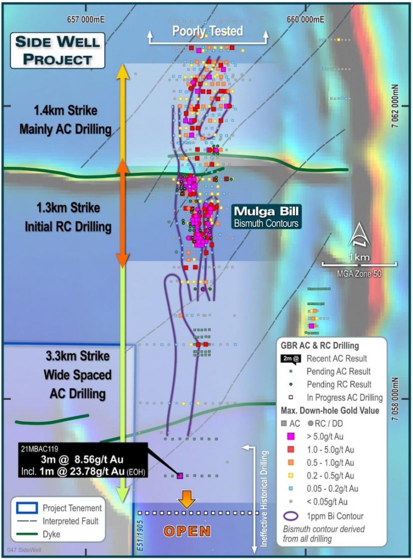 Map displaying drill collars at Mulga Bill by maximum gold value