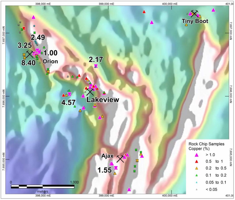 Map of the Lakeview region displaying copper rock chipping results from Orion and Ajax