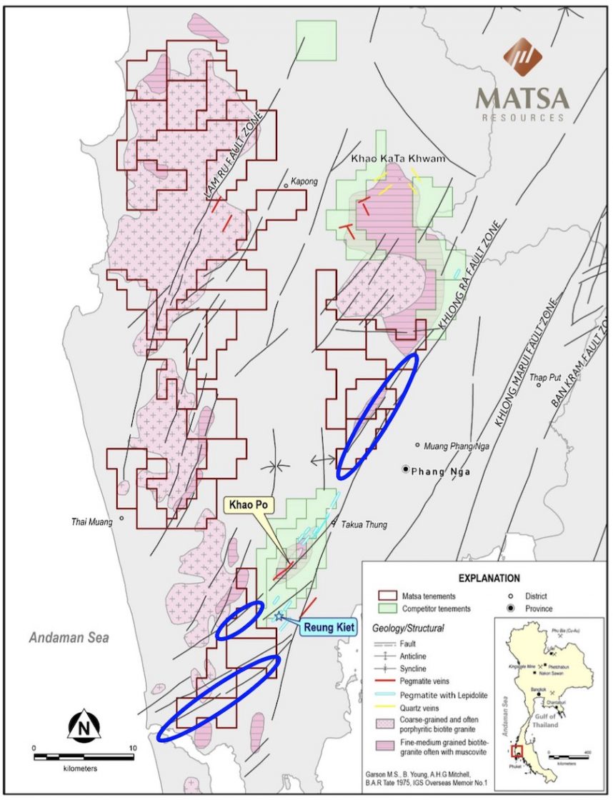 Map displaying the significant Khao Po pegmatite in relation to Matsa tenements