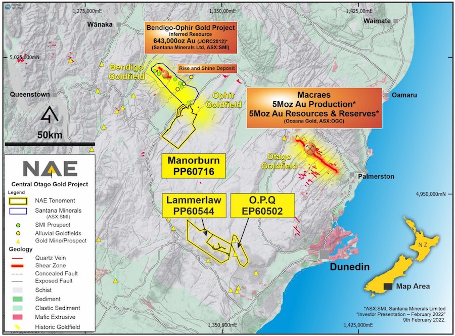 Map displaying NAE’s Central Otago Gold Project along with significant nearby deposits