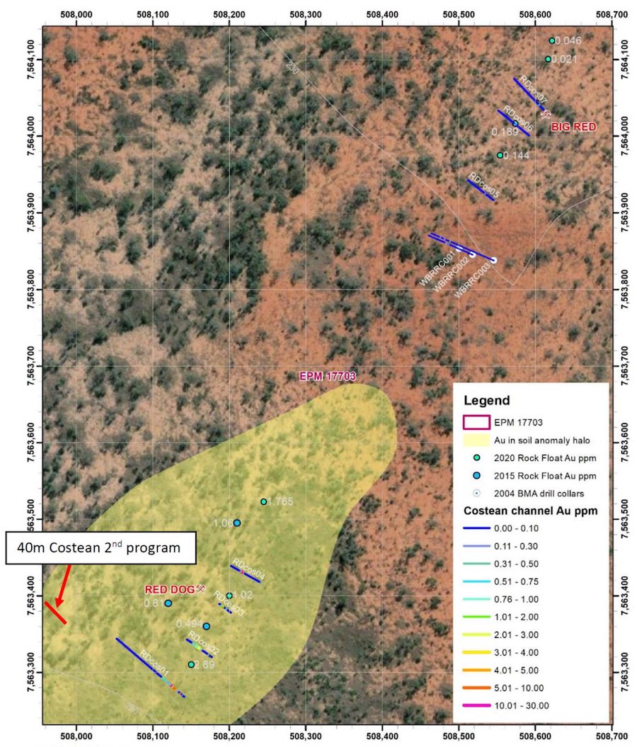 Location of the the Phase 2 trenching program including the first 40m trench completed in red