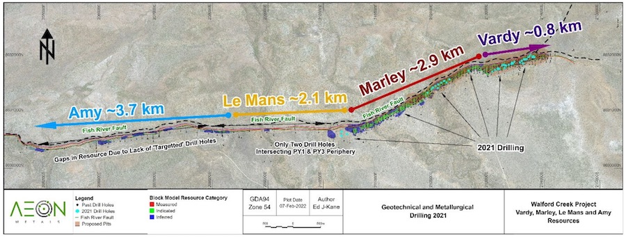 Map displaying 2021 drilling against existing mineral resources at Walford Creek
