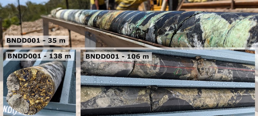 Drill core from hole BNDD001 at Quorn displaying breccia-style mineralisation