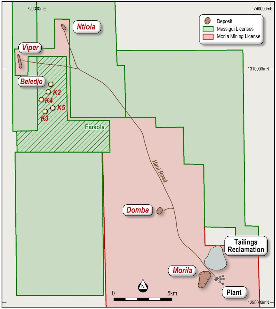 Location of the Finkola Mining License in relation to satellite deposits and the Morila Super Pit