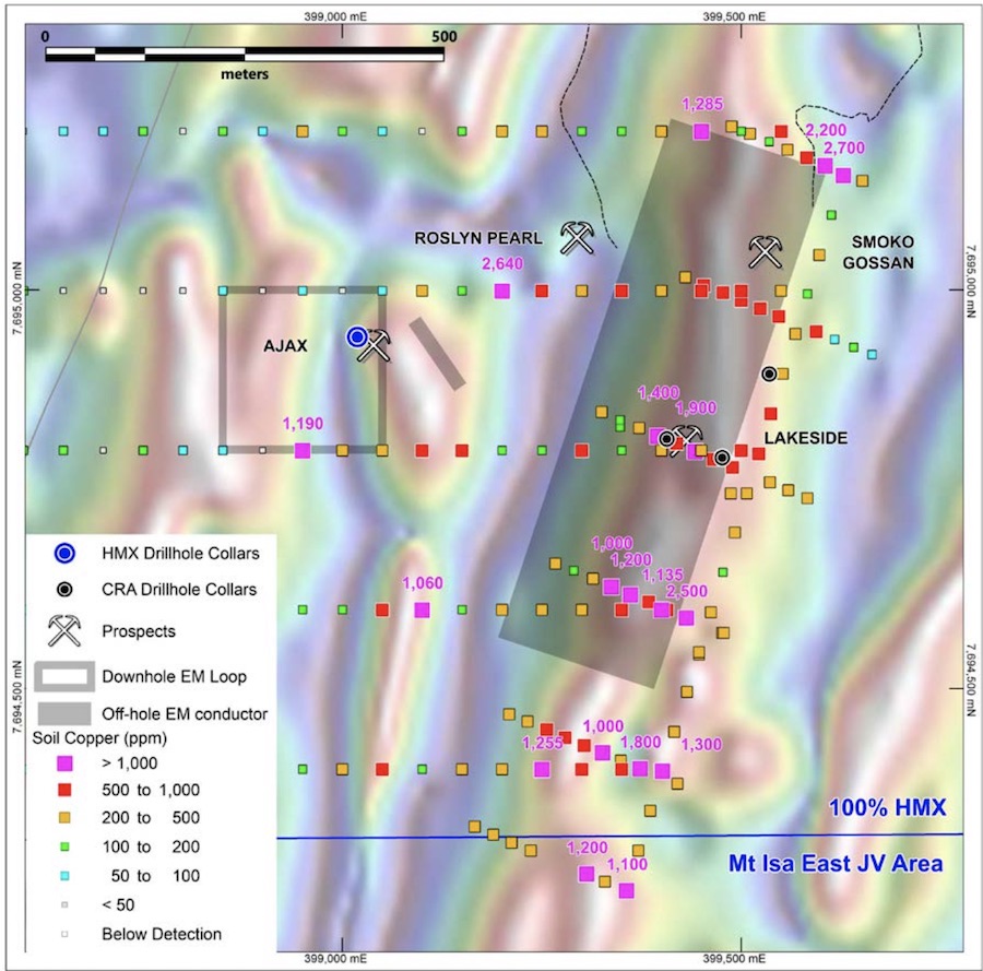 Plan view displaying the Ajax, Smoko Gossan and Lakeside prospects along with EM plates
