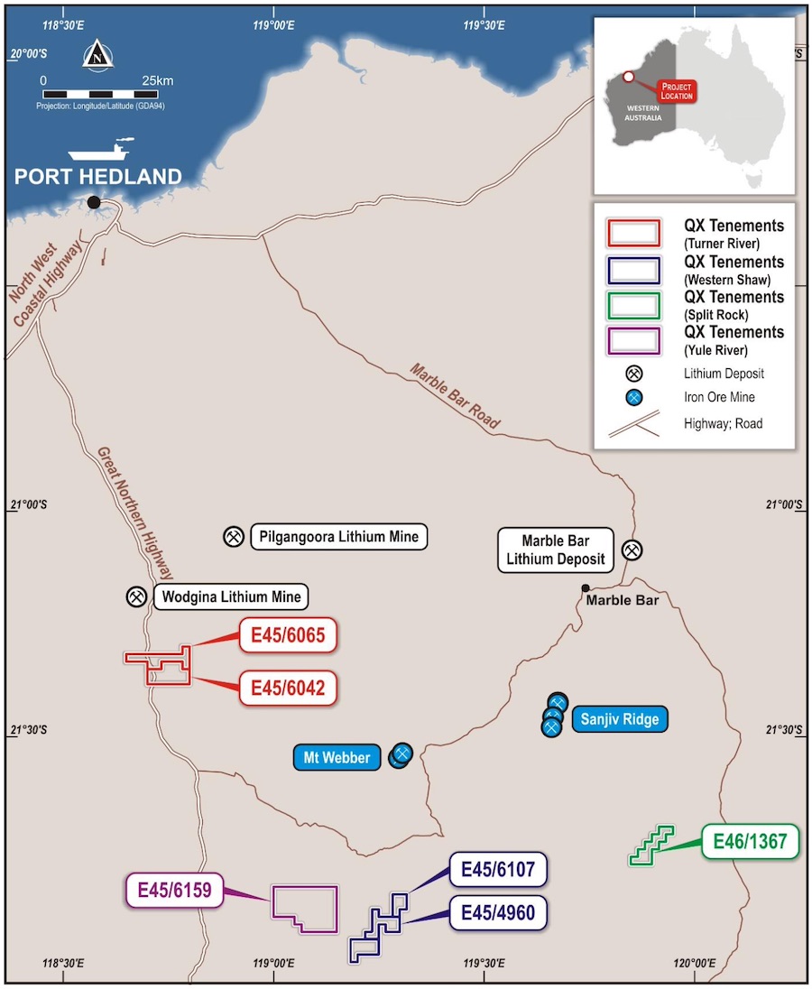 Location of QX Resources' Pilbara holdings with nearby major lithium projects