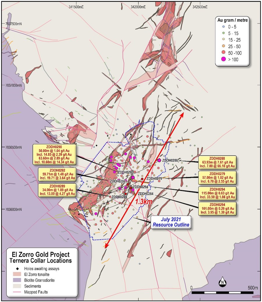 Significant intercepts mapped against the current Mineral Resource outline in blue