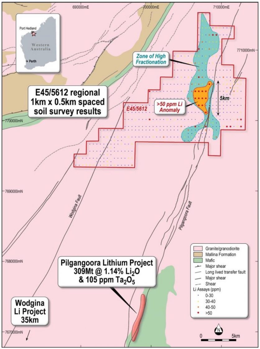 Map displaying the >50ppm lithium soil anomaly along trend from Pilgangoora
