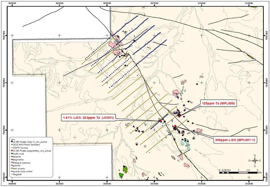 Mt Peake Lithium Project tenement map displaying DGPR survey lines and soil sample program in the northwest corner