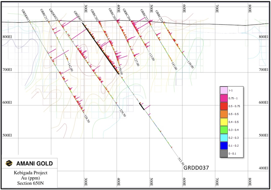 Cross section displaying diamond hole GRDD037 intersections of 201 @ 0.97g/t Au and 25.06m @ 0.64g/t Au