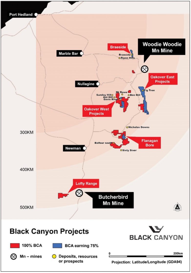 Map of the Carawine JV tenements in relation to the Woodie Woodie and Butcherdird manganese operations