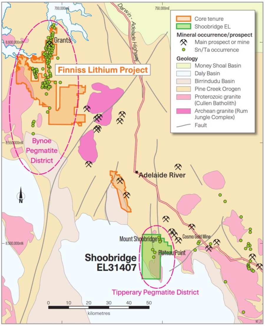 Location of the new Shoobridge tenement in relation to CXO's Finniss Lithium Project