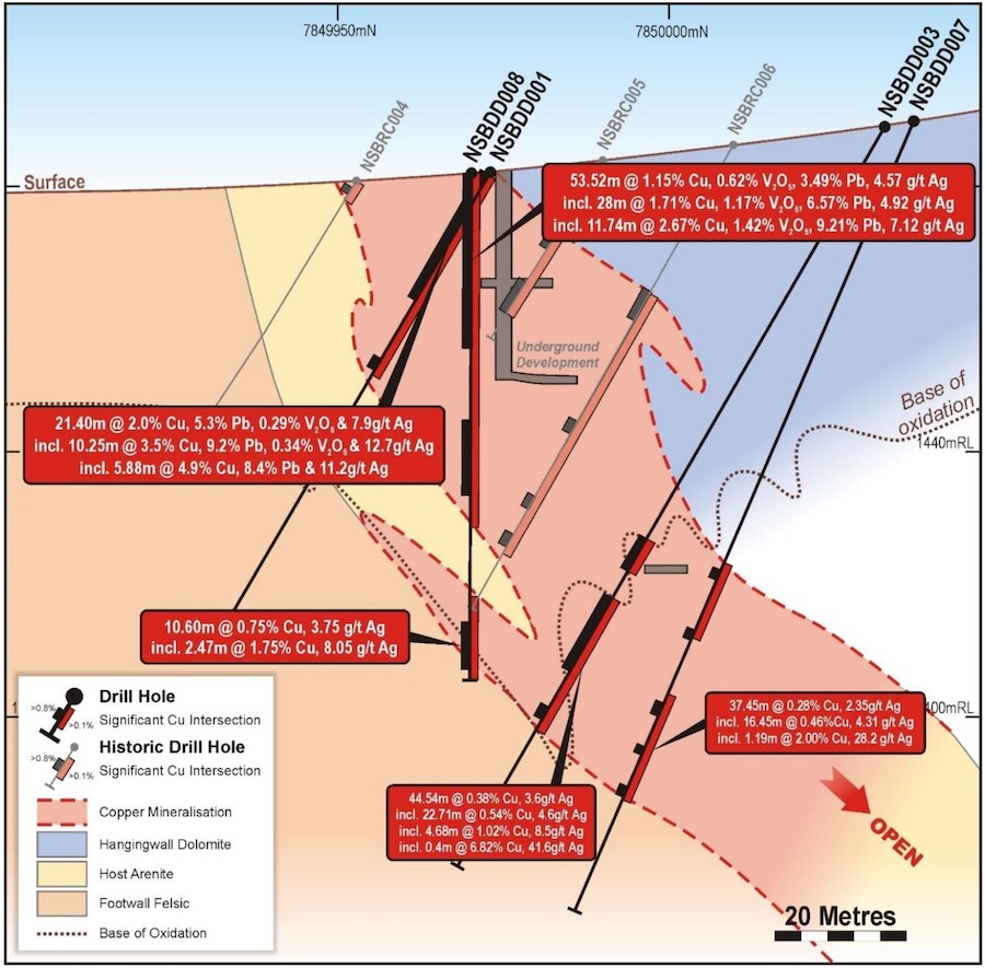 Cross section displaying hole NSBDD008 at Nosib