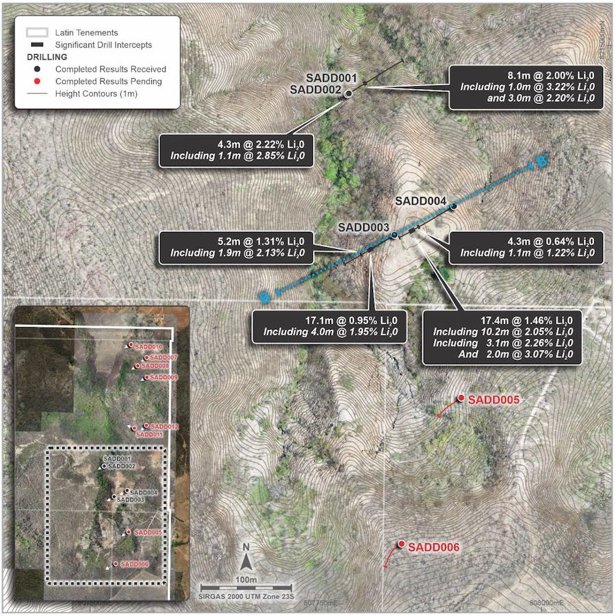 Map displaying significant intersections from the southern target area at the Salinas Lithium Project in Brazil