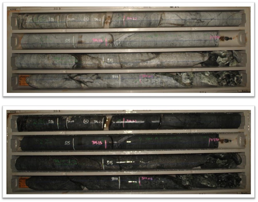 Drill core from diamond Hole NRDD002 displaying semi massive sulphides from 315.57m to 317.08m