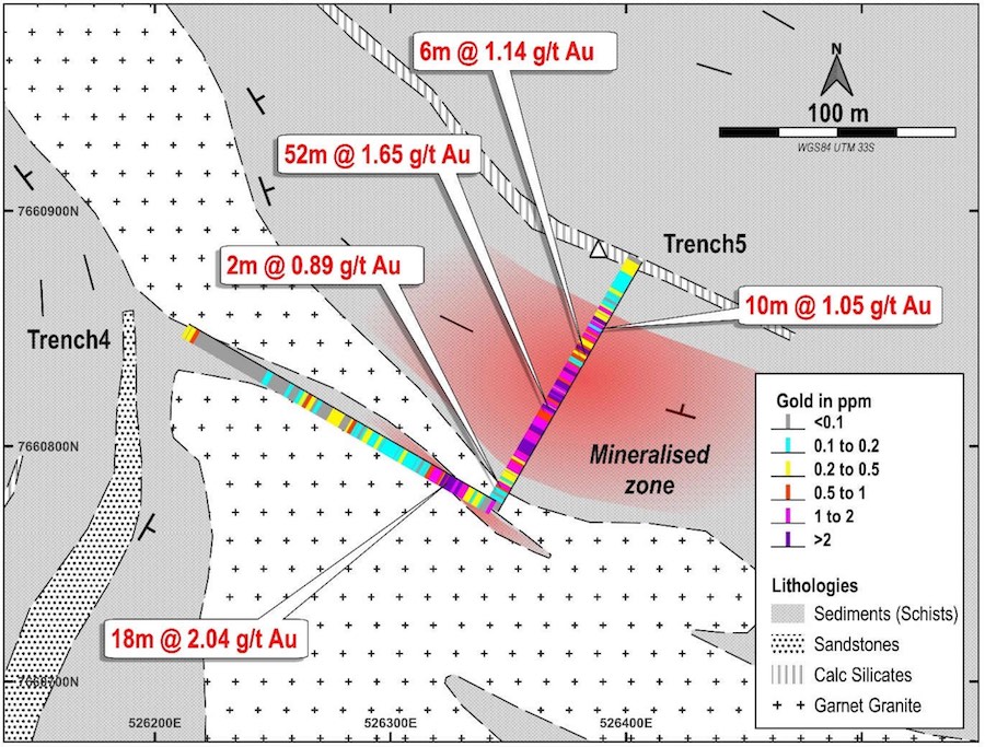 Map displaying results from trenches 4 and 5 over mapped lithologies