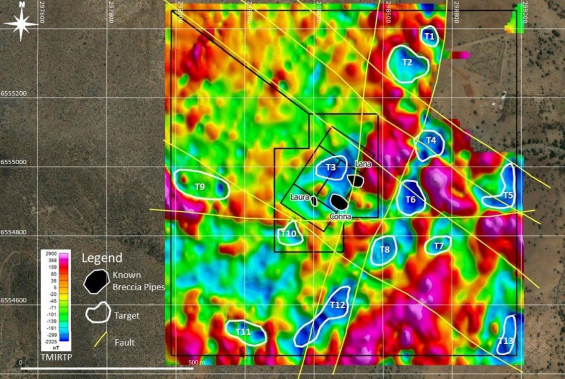 Recently-acquired high-res ground magnetic data displaying both the Lana Corina prospect and newly-identified high-priority targets