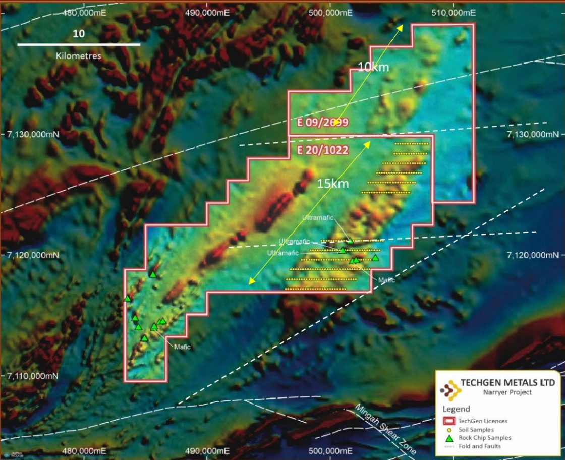 Map displaying rock chip and soil sampling on airborne magnetics at the Narryer Project