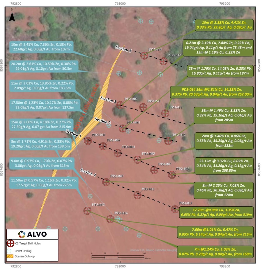 Map of key intercepts at the C3 prospect