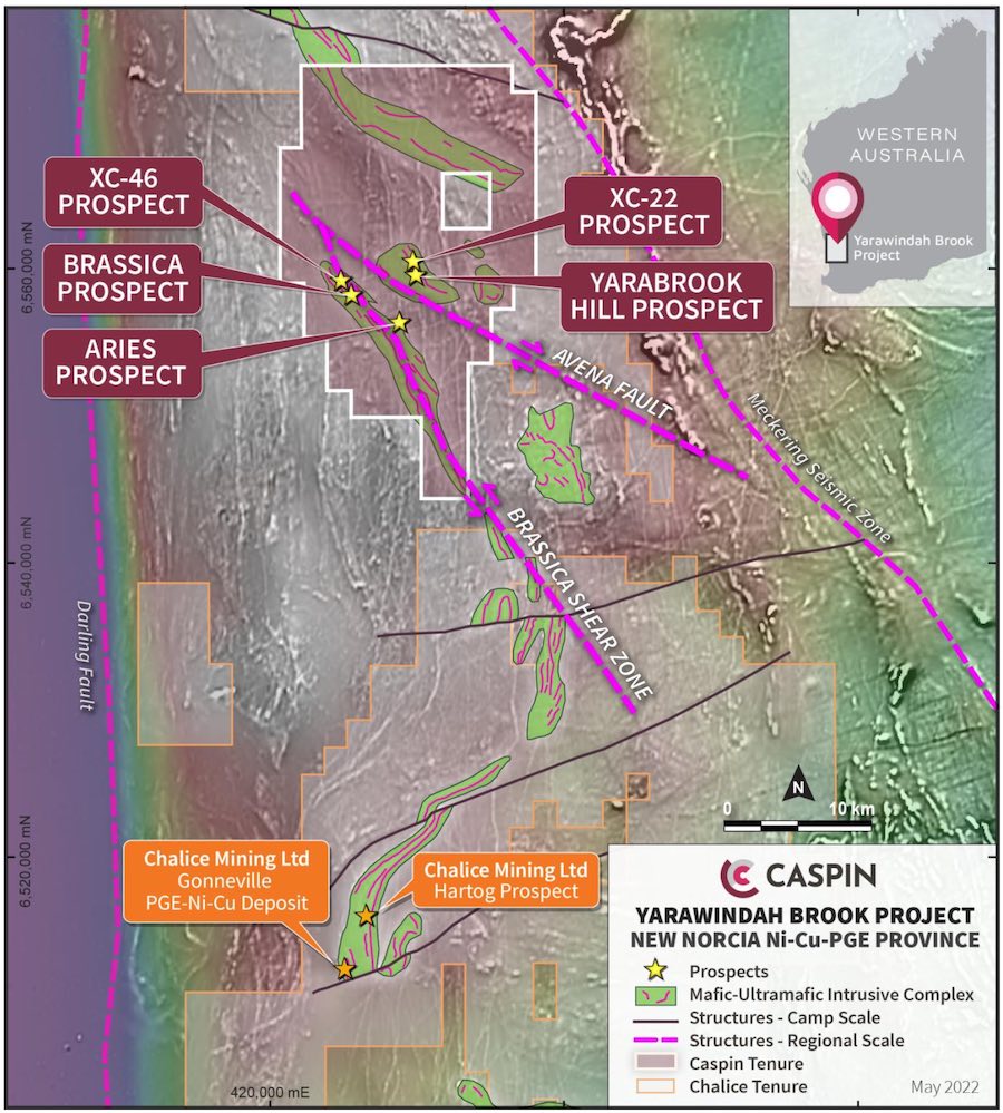 Map of regional structural interpretation displaying the relationship between the Gonneville Intrusive Complex and Yarawindah Brook Project